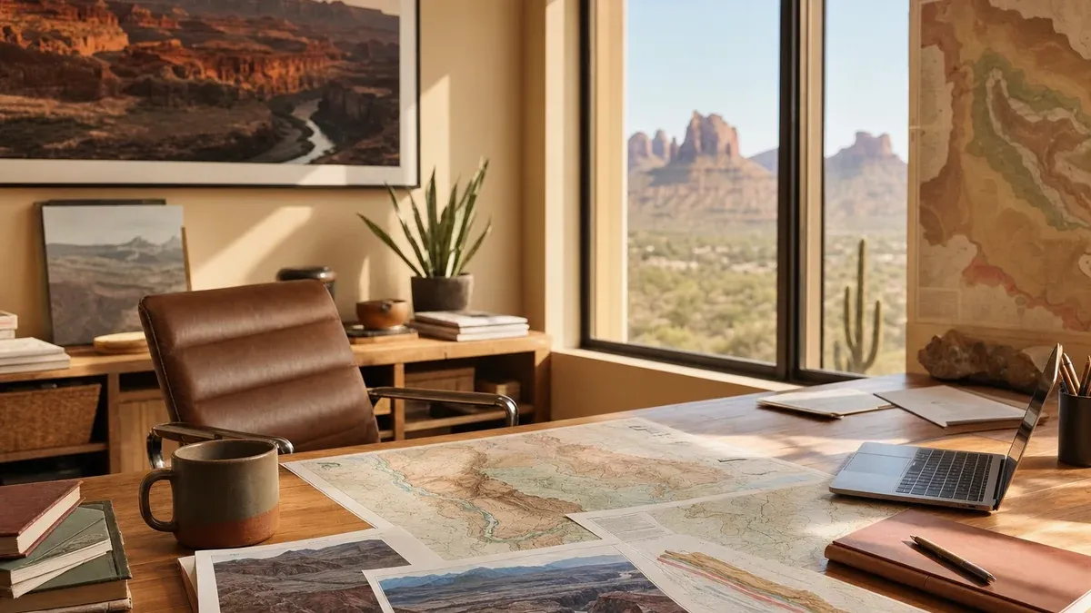 Canyon travel editorial research scene with trail maps