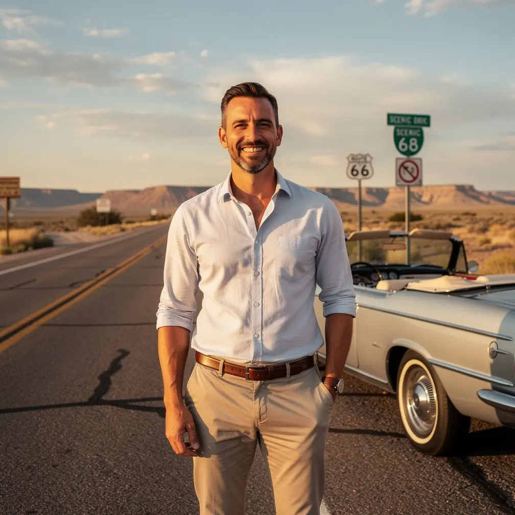Luxury convertible car parked beside a scenic mountain overlook during sunset on a USA road trip.